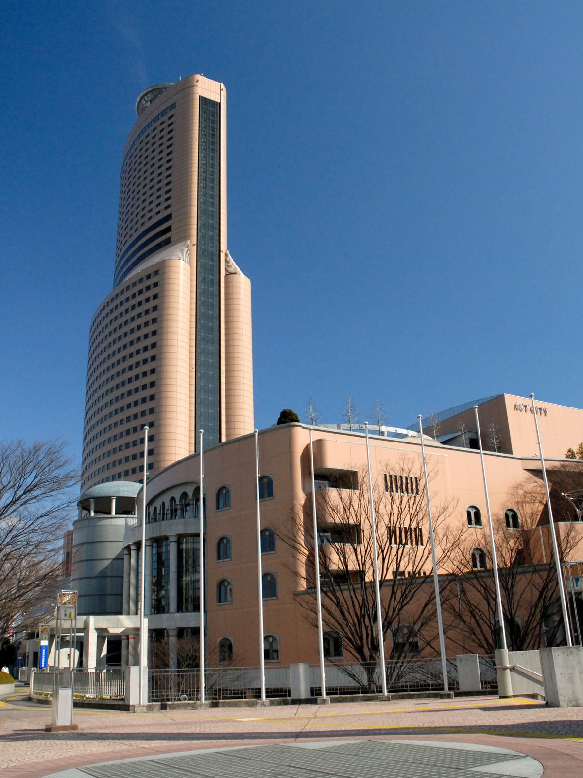 Act City Hamamatsu tower showing the harmonica-shaped profile against the sky