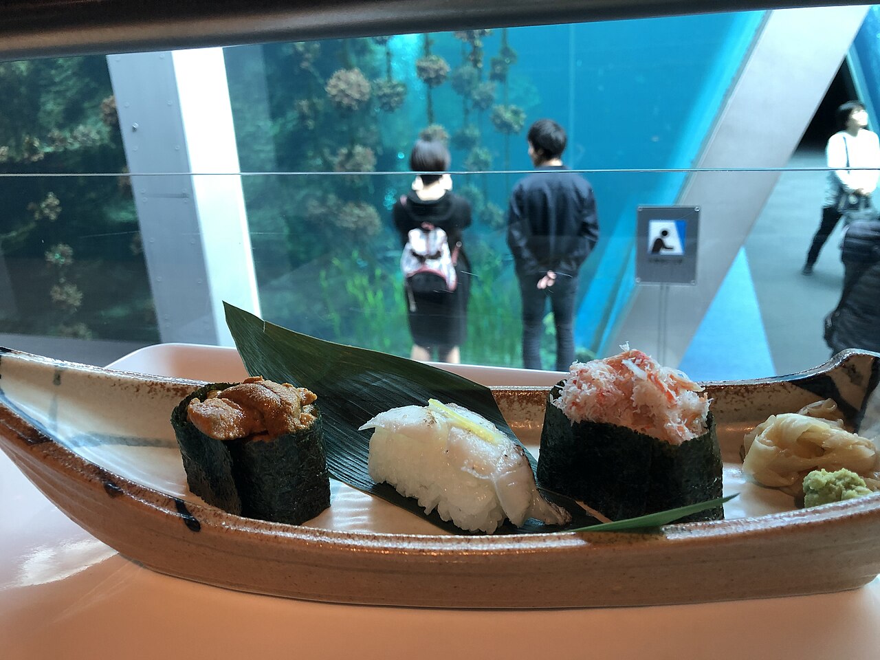 Sushi platter from a restaurant on the Aquamarine Park promontory, featuring Joban-mono fish