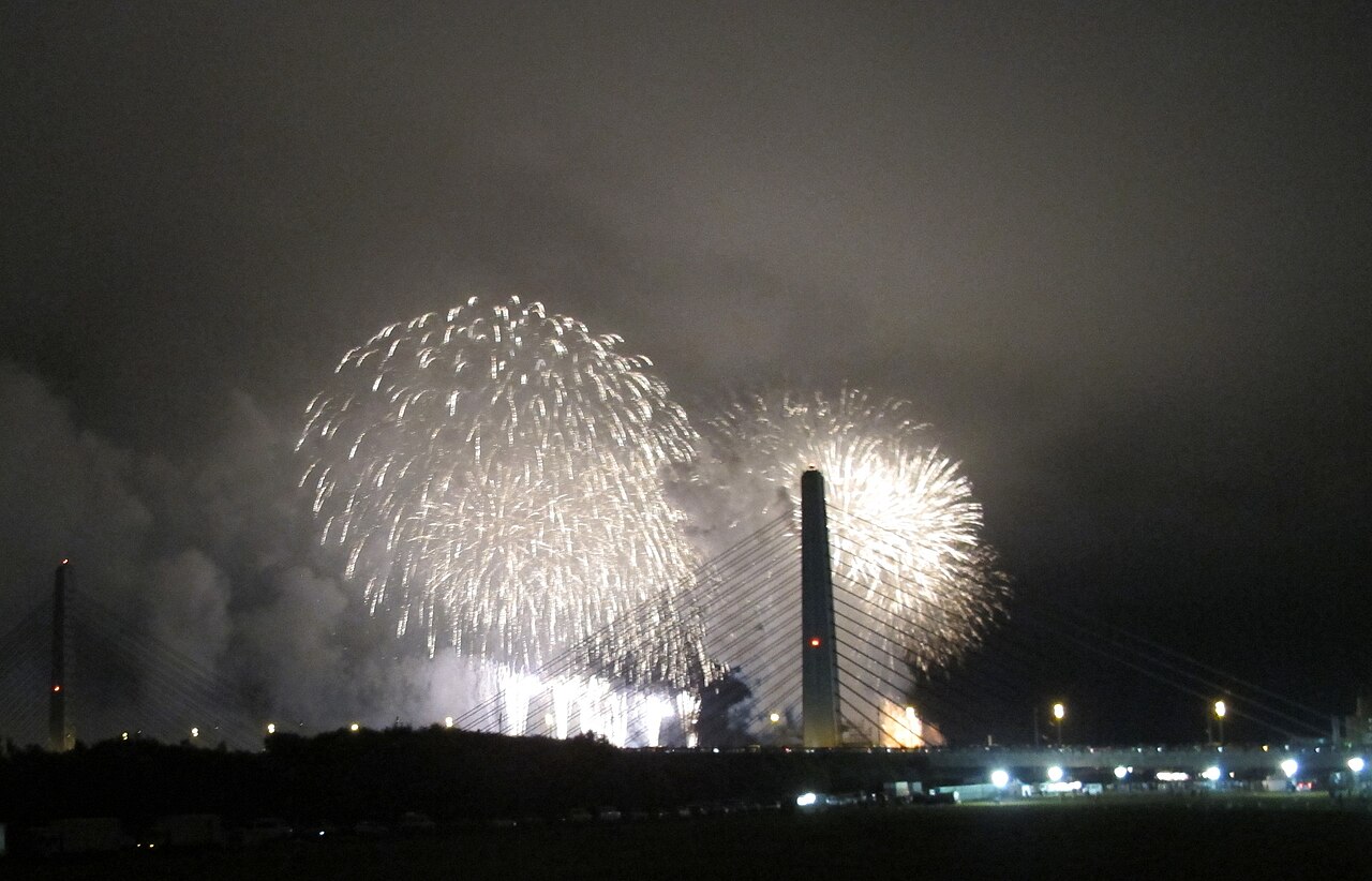 Japanese hanabi fireworks display over water