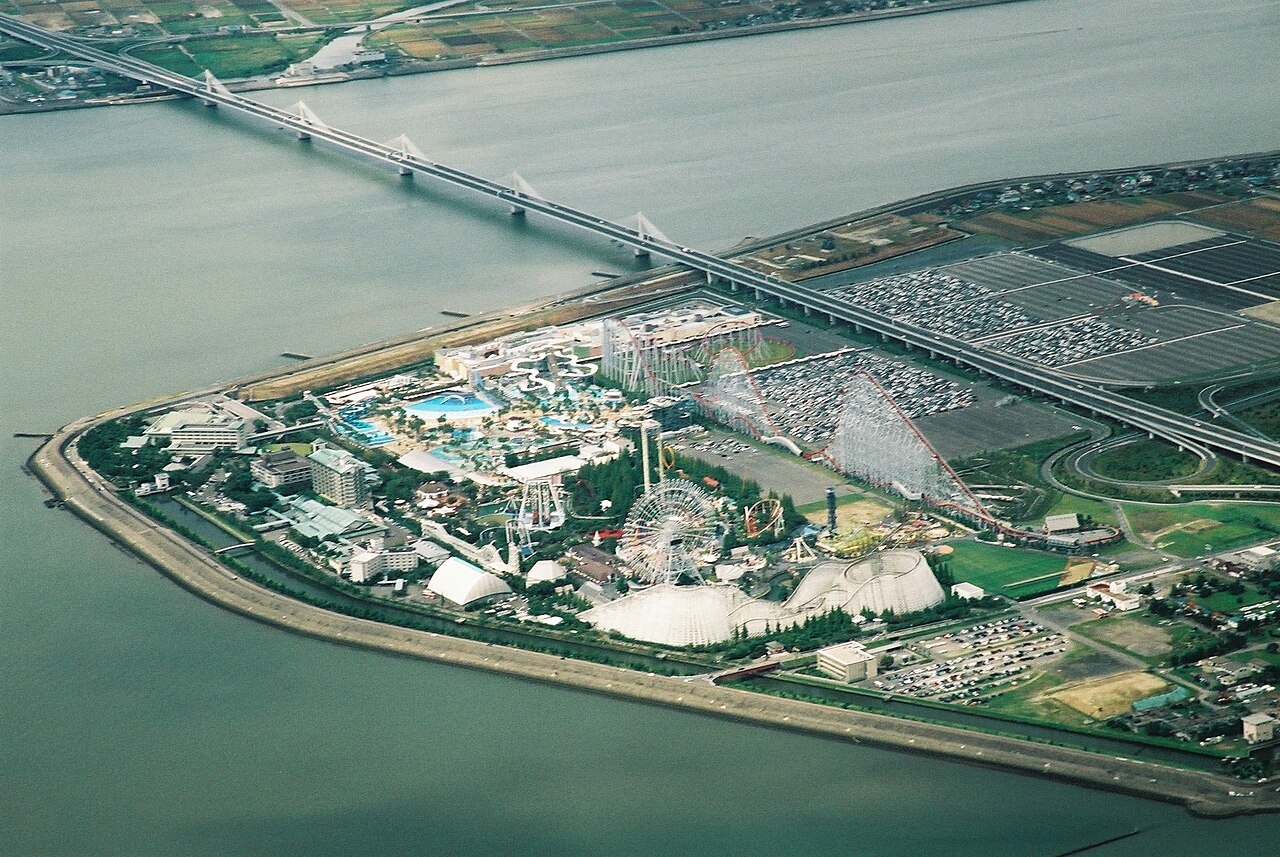 Aerial view of Nagashima Spa Land amusement park showing the full resort in Kuwana, Mie