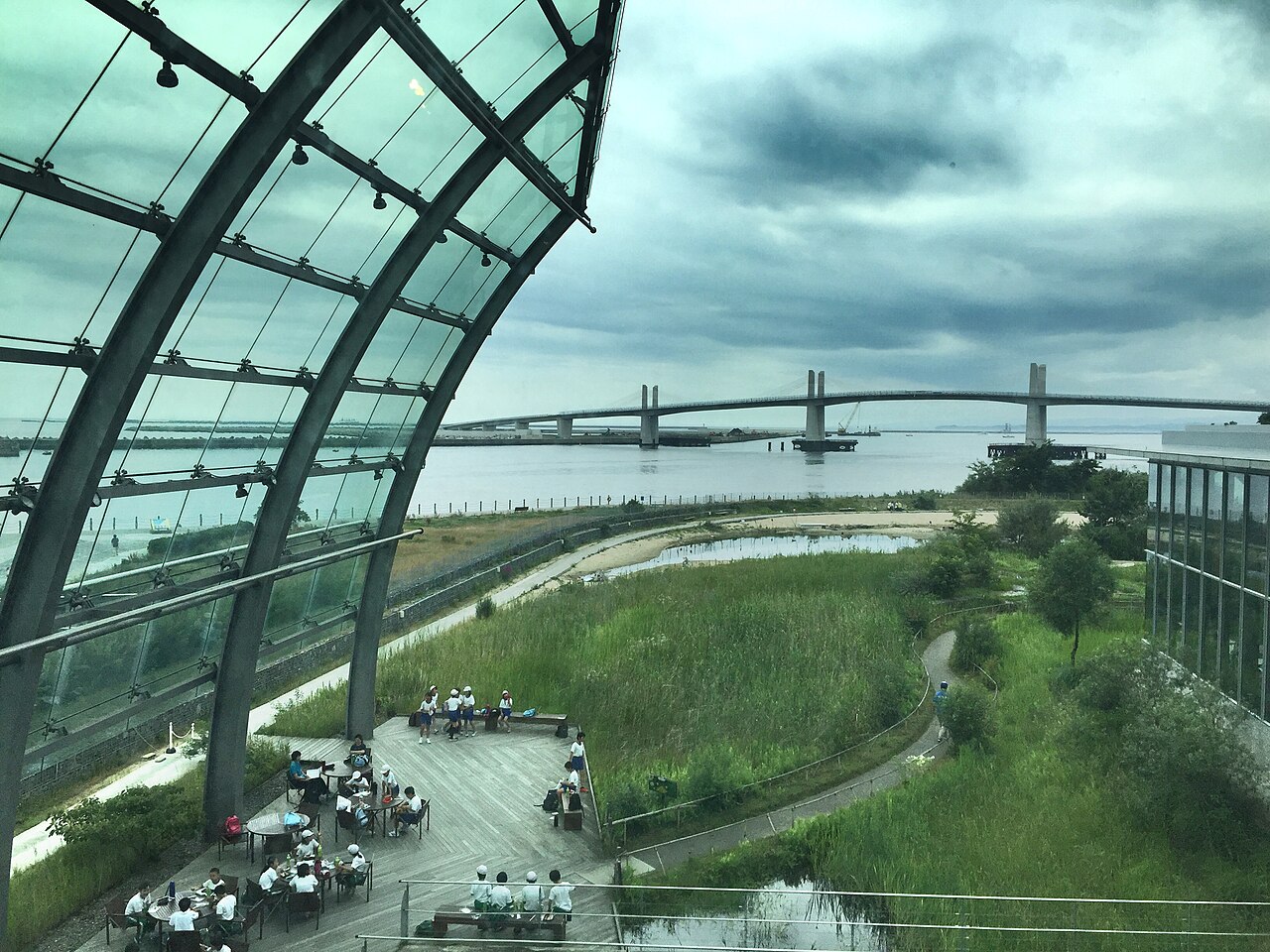 Onahama Marine Bridge crossing the port entrance, photographed from Aquamarine Park