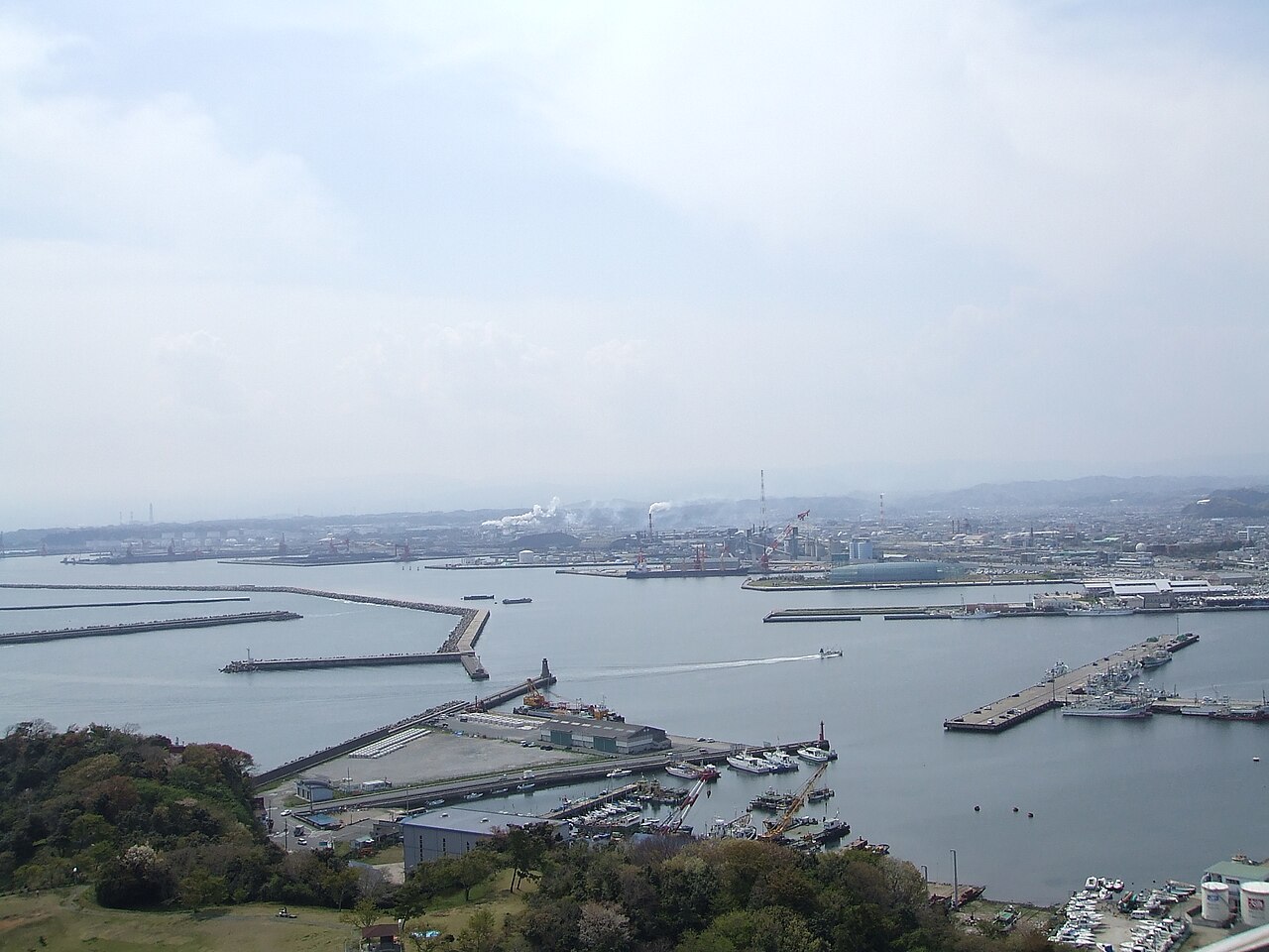 Onahama fishing port with boats moored at the breakwater