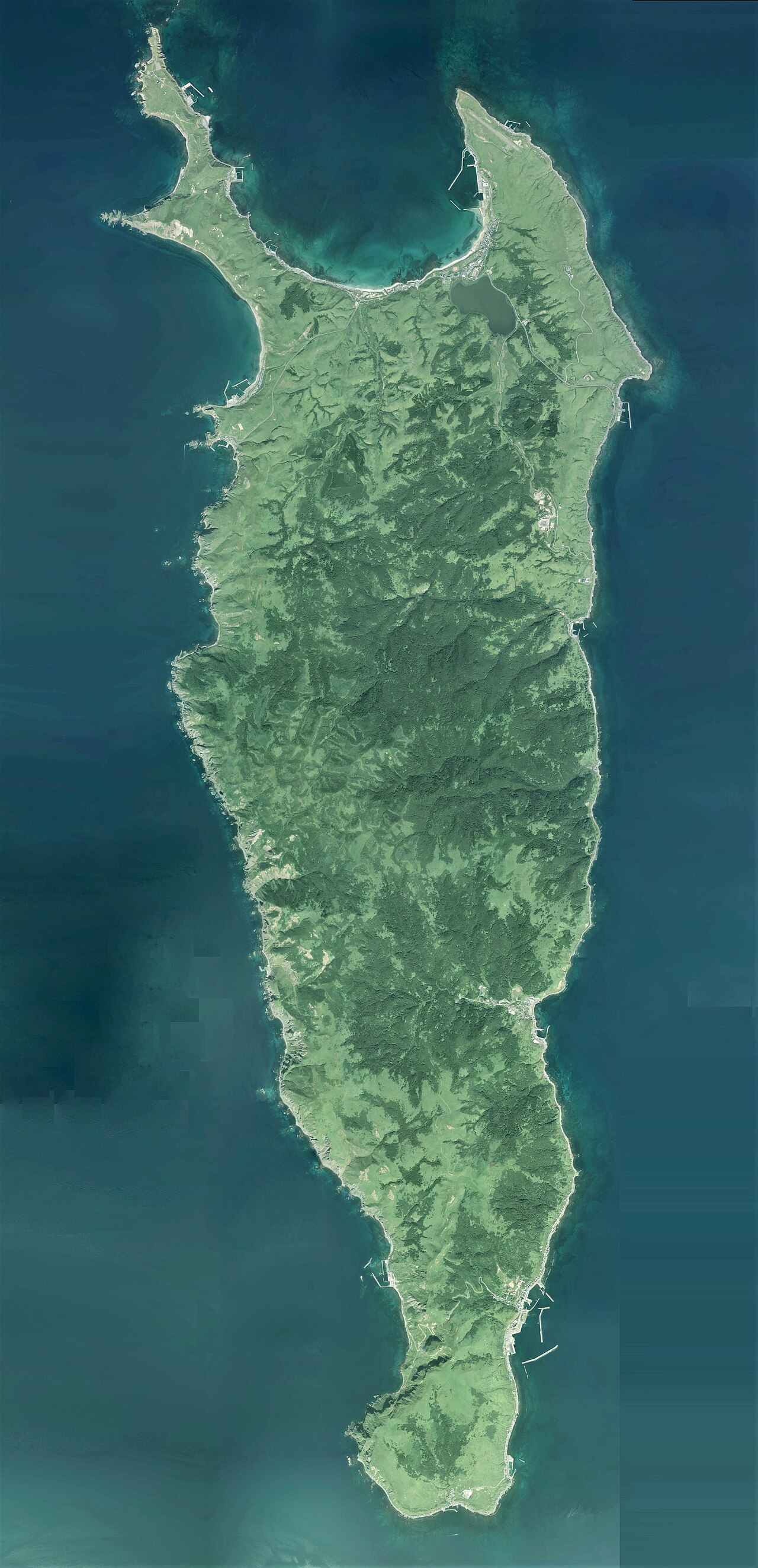Aerial view of Rebun Island showing its long narrow shape