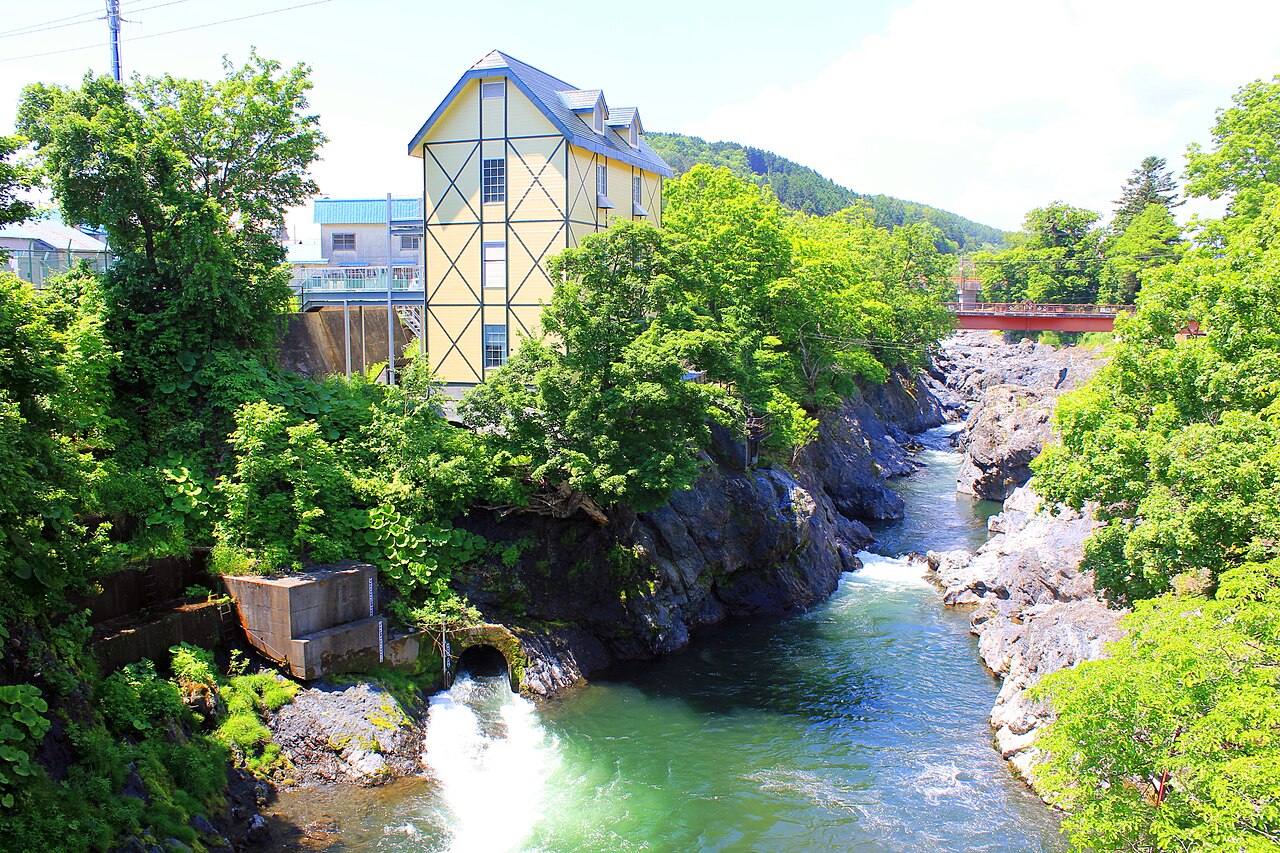 Takinoue shibazakura field with the local power station in the background